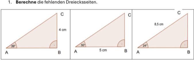 Berechne die fehlenden Dreiecksseiten.