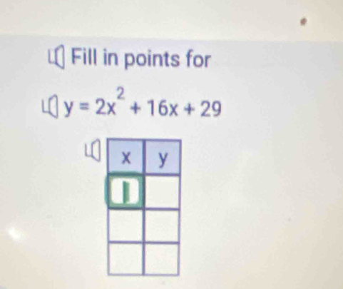 Fill in points for
y=2x^2+16x+29