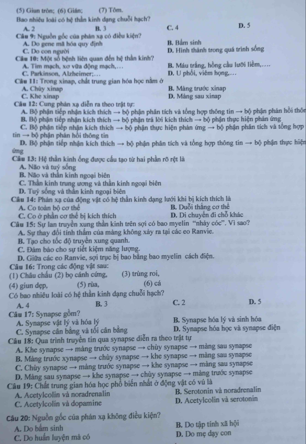 (5) Giun tròn; (6) Gián; (7) Tôm.
Bao nhiêu loài có hệ thần kinh dạng chuỗi hạch?
A. 2 B. 3 C. 4 D. 5
Câu 9: Nguồn gốc của phản xạ có điều kiện?
A. Do gene mã hóa quy định B. Bẩm sinh
C. Do con người D. Hình thành trong quá trình sống
Câu 10: Một số bệnh liên quan đến hệ thần kinh?
A. Tim mạch, xơ vữa động mạch,… B. Máu trắng, hồng cầu lưỡi liềm,….
C. Parkinson, Alzheimer;… D. U phối, viêm họng,…
Câu 11: Trong xinap, chất trung gian hóa học nằm ở
A. Chùy xinap B. Màng trước xinap
C. Khe xinap D. Màng sau xinap
Câu 12: Cung phản xạ diễn ra theo trật tự:
A. Bộ phận tiếp nhận kích thích → bộ phận phân tích và tổng hợp thông tin → bộ phận phản hồi thôn
B. Bộ phận tiếp nhận kích thích → bộ phận trả lời kích thích → bộ phận thực hiện phản ứng
C. Bộ phận tiếp nhận kích thích → bộ phận thực hiện phản ứng → bộ phận phân tích và tổng hợp
tin → bộ phận phản hồi thông tin
D. Bộ phận tiếp nhận kích thích → bộ phận phân tích và tổng hợp thông tin → bộ phận thực hiện
ứng
Câu 13: Hệ thần kinh ống được cấu tạo từ hai phần rõ rệt là
A. Não và tuỷ sống
B. Não và thần kinh ngoại biên
C. Thần kinh trung ương và thần kinh ngoại biên
D. Tuỷ sống và thần kinh ngoại biên
Câu 14: Phản xạ của động vật có hệ thần kinh dạng lưới khi bị kích thích là
A. Co toàn bộ cơ thể B. Duỗi thắng cơ thể
C. Co ở phần cơ thể bị kích thích D. Di chuyển đi chỗ khác
Câu 15: Sự lan truyền xung thần kinh trên sợi có bao myelin “nhảy cóc”. Vì sao?
A. Sự thay đổi tính thẩm của màng không xảy ra tại các eo Ranvie.
B. Tạo cho tốc độ truyền xung quanh.
C. Đảm bảo cho sự tiết kiệm năng lượng.
D. Giữa các eo Ranvie, sợi trục bị bao bằng bao myelin cách điện.
Câu 16: Trong các động vật sau:
(1) Châu chẩu (2) bọ cánh cứng, (3) trùng roi,
(4) giun dẹp, (5) rùa, (6) cá
Có bao nhiêu loài có hệ thần kinh dạng chuỗi hạch?
A. 4 B. 3 C. 2 D. 5
Câu 17: Synapse gồm?
A. Synapse vật lý và hóa lý B. Synapse hóa lý và sinh hóa
C. Synapse cân bằng và tối cân bằng D. Synapse hóa học và synapse điện
Câu 18: Qua trình truyền tin qua synapse diễn ra theo trật tự
A. Khe synapse → màng trước synapse → chùy synapse → màng sau synapse
B. Màng trước xynapse → chùy synapse → khe synapse → màng sau synapse
C. Chùy synapse → màng trước synapse → khe synapse → màng sau synapse
D. Màng sau synapse → khe synapse → chùy synapse → màng trước synapse
Câu 19: Chất trung gian hóa học phổ biển nhất ở động vật có vú là
A. Acetylcolin và noradrenalin B. Serotonin và noradrenalin
C. Acetylcolin và dopamine D. Acetylcolin và serotonin
Câu 20: Nguồn gốc của phản xạ không điều kiện?
A. Do bẩm sinh B. Do tập tính xã hội
C. Do huấn luyện mà có D. Do mẹ dạy con