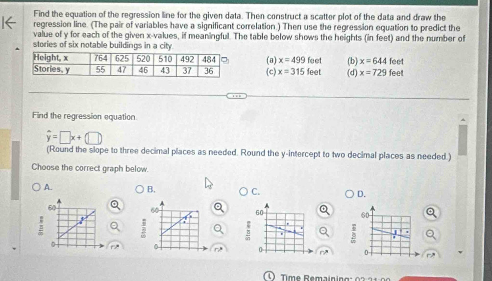 Find the equation of the regression line for the given data. Then construct a scatter plot of the data and draw the
regression line. (The pair of variables have a significant correlation.) Then use the regression equation to predict the
value of y for each of the given x -values, if meaningful. The table below shows the heights (in feet) and the number of
stories of six notable buildings in a city
(a) x=499 feet (b) x=644 feet
(c) x=315 feet (d) x=729 feet
Find the regression equation
hat y=□ x+(□ )
(Round the slope to three decimal places as needed. Round the y-intercept to two decimal places as needed.)
Choose the correct graph below.
A.
B.
C.
D.
60
W
12
r 0
Time Remainin