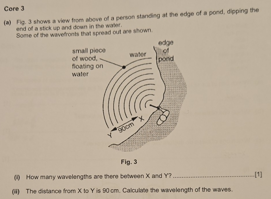 Core 3 
(a) Fig. 3 shows a view from above of a person standing at the edge of a pond, dipping the 
end of a stick up and down in the water. 
Some of the wavefronts that spread out are shown. 
Fig. 3 
(i) How many wavelengths are there between X and Y? _[1] 
(ii) The distance from X to Y is 90 cm. Calculate the wavelength of the waves.