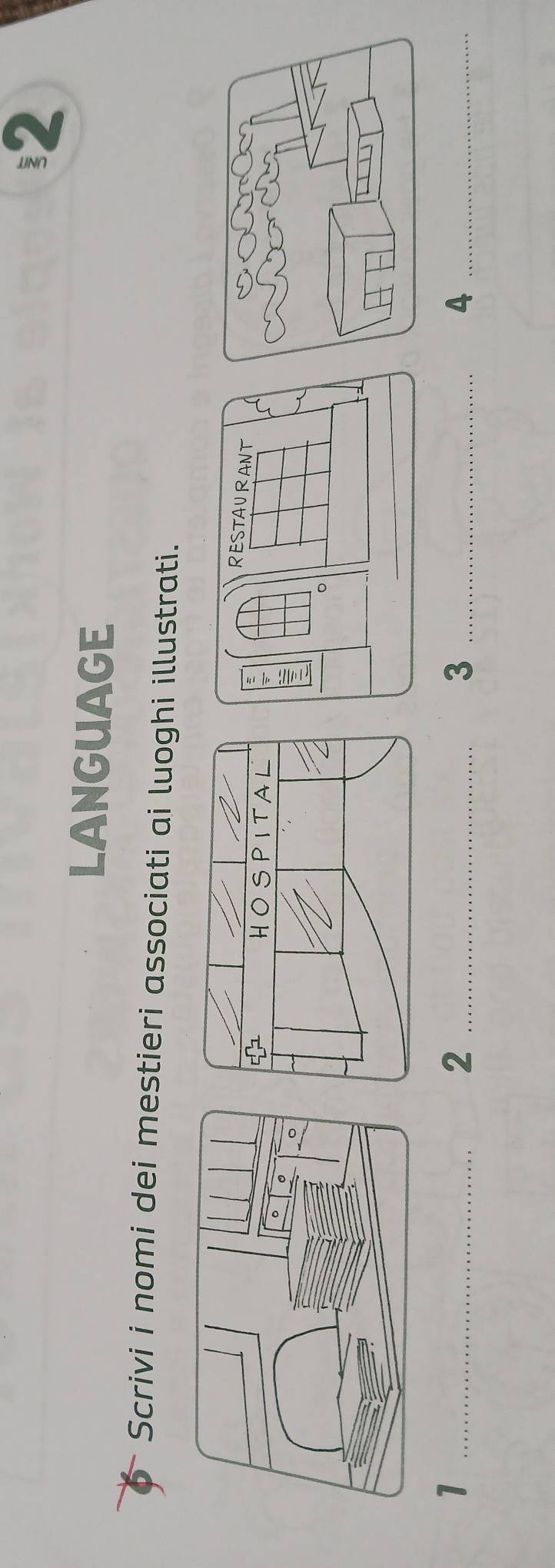 LANGUAGE 
Scrivi i nomi dei mestieri associati ai luoghi illustrati. 
_1 
_2 
_3 
_4