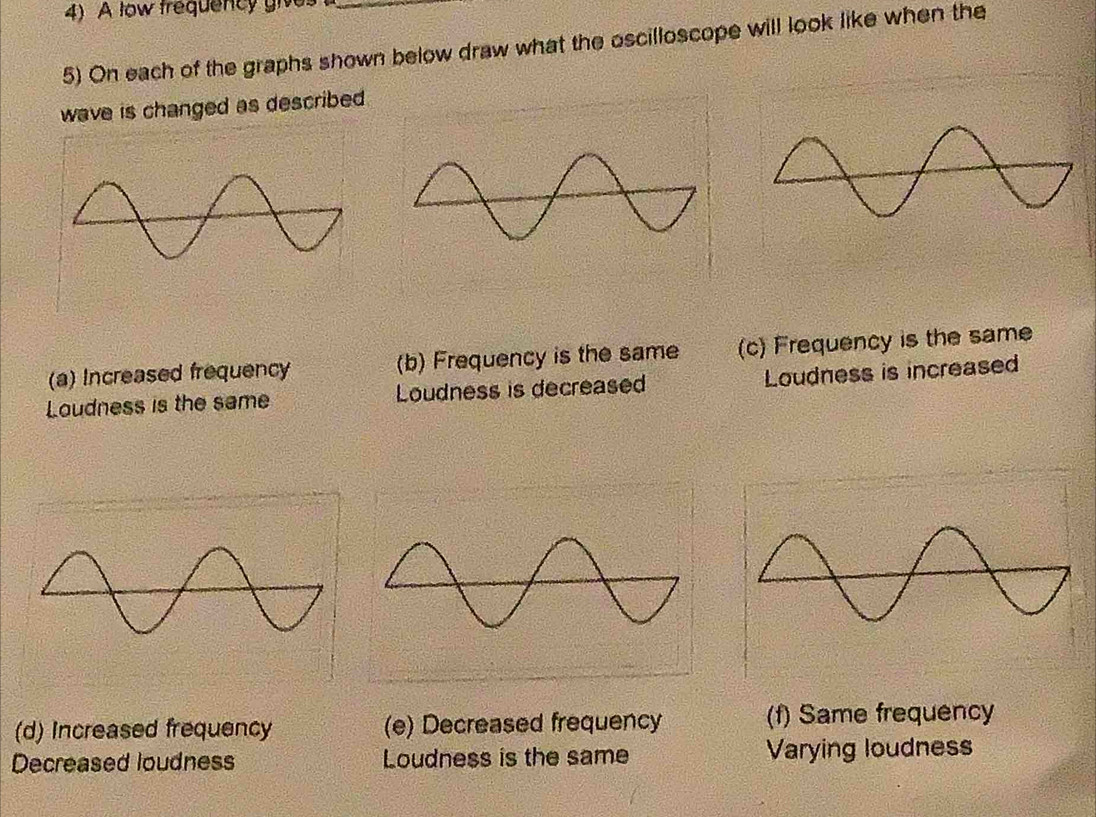 A tow frequency gives
5) On each of the graphs shown below draw what the oscilloscope will look like when the
wave is changed as described .
(a) Increased frequency (b) Frequency is the same (c) Frequency is the same
Loudness is the same Loudness is decreased Loudness is increased
(d) Increased frequency (e) Decreased frequency (f) Same frequency
Decreased loudness Loudness is the same Varying loudness