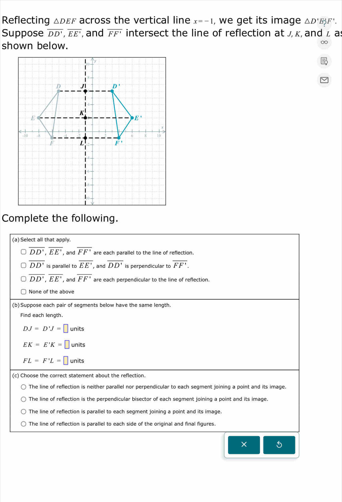 Reflecting △ DEF across the vertical line x=-1 , we get its image △ D'E'F'.
Suppose overline DD',overline EE' , and overline FF' intersect the line of reflection at J, κ, and z as
shown below.
Complete the following.
(a) Select all that apply.
overline DD',overline EE' , and overline FF' are each parallel to the line of reflection.
overline DD' is parallel to overline EE' , and overline DD' is perpendicular to overline FF'.
overline DD',overline EE' , and overline FF' are each perpendicular to the line of reflection.
None of the above
(b)Suppose each pair of segments below have the same length.
Find each length.
DJ=D'J=□ units
EK=E'K=□ units
FL=F'L=□ units
(c) Choose the correct statement about the reflection.
The line of reflection is neither parallel nor perpendicular to each segment joining a point and its image.
The line of reflection is the perpendicular bisector of each segment joining a point and its image.
The line of reflection is parallel to each segment joining a point and its image.
The line of reflection is parallel to each side of the original and final figures.
×