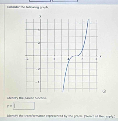 Consider the following graph. 
Identify the parent function.
y=
Identify the transformation represented by the graph. (Select all that apply.)