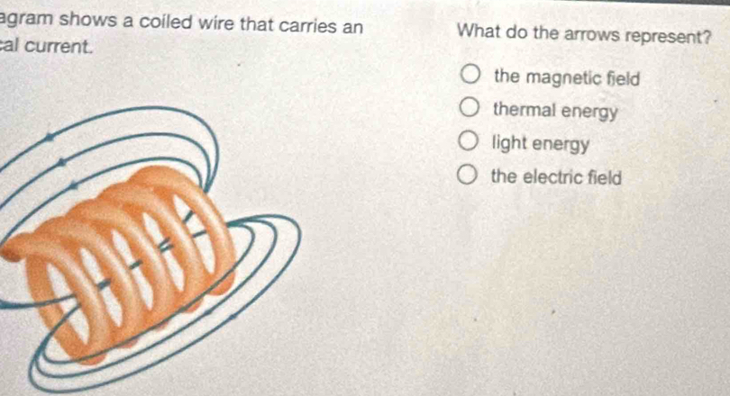 agram shows a coiled wire that carries an What do the arrows represent?
al current.
the magnetic field
thermal energy
light energy
the electric field