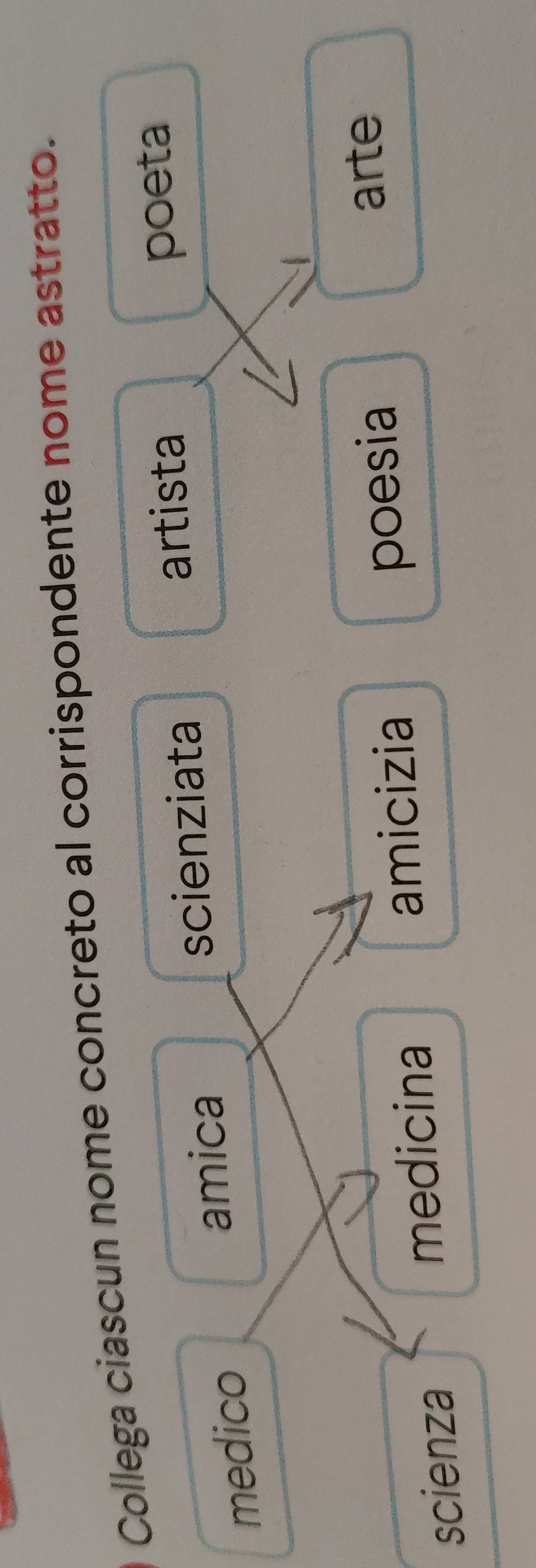 Collega ciascun nome concreto al corrispondente nome astratto.
medico
amica scienziata
artista
poeta
arte
scienza medicina amicizia
poesia