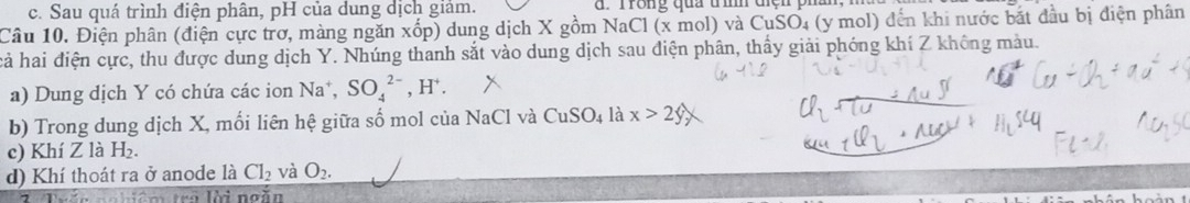 Sau quá trình điện phân, pH của dung dịch giảm. d . rrone qua um cçn phan. 
Câu 10. Điện phân (điện cực trơ, màng ngăn xốp) dung dịch X gồm NaCl (x mol) và ở CuS SO4 (y mol) đến khi nước bắt đầu bị điện phân 
hả hai điện cực, thu được dung dịch Y. Nhúng thanh sắt vào dung dịch sau điện phân, thầy giải phóng khí Z không màu. 
a) Dung dịch Y có chứa các ion Na*, SO_4^((2-), H^+). 
b) Trong dung dịch X, mối liên hệ giữa số mol của NaCl và CuSO_4 là x>2y
c) Khí Z là H_2. 
d) Khí thoát ra ở anode là Cl_2 và O_2. 
L i ê n tri lời ngắn