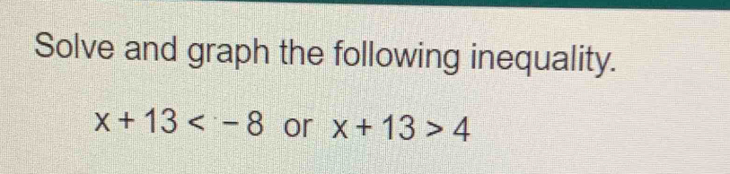 Solve and graph the following inequality.
x+13 or x+13>4