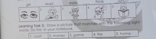 girl read eyes think 
2. 3. 4. 5. 
Learning Task 5: Draw a picture that matches with the following sight 
words. Do this in your notebook. 
1. coat 2. money 3. gạme 4, fire 5. home