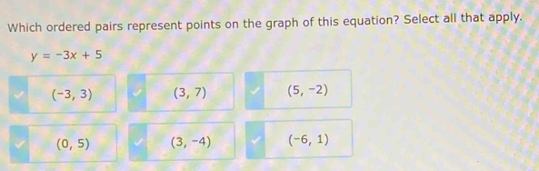 Which ordered pairs represent points on the graph of this equation? Select all that apply.
y=-3x+5
(-3,3) (3,7) (5,-2)
(0,5) (3,-4) (-6,1)