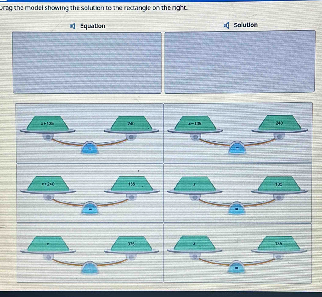 Drag the model showing the solution to the rectangle on the right.
Equation Solution