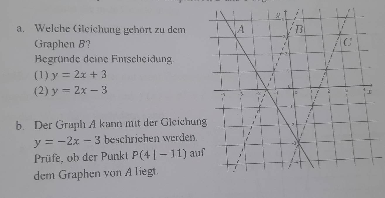 Welche Gleichung gehört zu dem
Graphen B?
Begründe deine Entscheidung.
(1) y=2x+3
(2) y=2x-3
b. Der Graph A kann mit der Gleichun
y=-2x-3 beschrieben werden.
Prüfe, ob der Punkt P(4|-11) au
dem Graphen von A liegt.