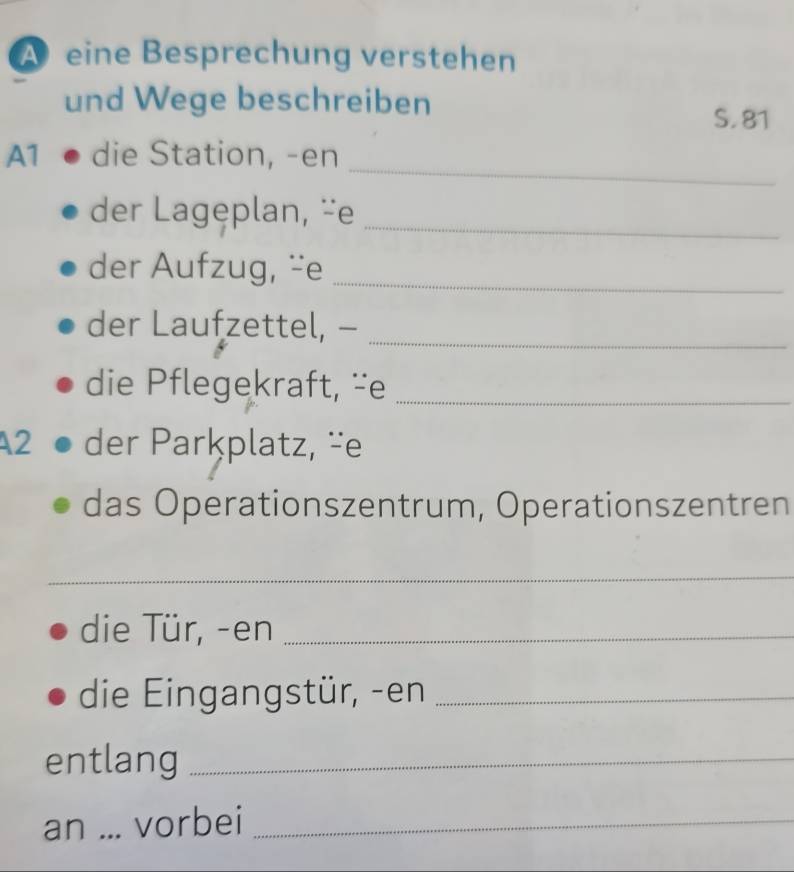 A eine Besprechung verstehen 
und Wege beschreiben 
S. 81
_ 
A1 die Station, -en 
der Lagęplan, ¨e_ 
der Aufzug, “e_ 
_ 
der Laufzettel, - 
die Pflegekraft, -e_ 
A2 der Parkplatz, ¨e 
das Operationszentrum, Operationszentren 
_ 
die Tür, -en_ 
die Eingangstür, -en_ 
entlang_ 
an ... vorbei_