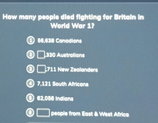 How many people died fighting for Britain in
World War 1?
58,638 Canadians
330 Australians
711 New Zealanders
7,121 South Africans
62,056 Indiams
people from East & West Africa