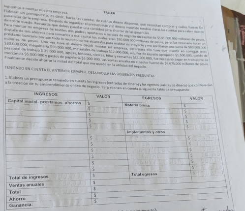 Juguemos a montar nuestra empresa TAVLLER
Elaborar un presupuesto, es decir, hacer las cuentas de cuânto dinero disponen, qué necesitan comprar y cuiles fueron ln
ganancias de la empresa. Después de organizar el presupuesto y el dinero invertião trndras daras las carnas para saber culno
dinero te quedo. Recuerda que debes guardar una cantidad para aborrar de las ganancias.
Para montar mi empresa de textiles mis padres aportaron a míídea de negocio un casital de $100 000 000 millones de pesos.
dispuse de mis alhorros para sumarios a ese capital los cuales eran $50.000000 millones de pesós, pero fue recesario hacer un
préstamo bancario porque todo lo reunido no me alcanzaba para realirar mi provecto y me agrobaron una tuma de $80.000 000
millones de pesos. Una vez tuve el dínero decidí montar mi empresa, per para ello tuve que invertir en comerar telas
$30.000.000, maquinária $50.000.000, materales de trabajo $12.000.000, alquier de espacio aprogiado $1.500.000, sueldo de
personal de trabajo $ 25 000 000, agujas, botones, cierres, filos y remaches $15 .000.000, fue necesaro pagar en transoorte de
mercancia $5.000.000 y gastos de papelería $3.000.000. Las ventas anuales en el sector fuerón de $6,675.000 millones de pesos
Finalmente decido ahorrar la mitad del total que me quedo en la utilidad del negocio.
TENIENDO En CUENTA EL ANTERIOR EIEMPLO, DESARROLLA LAS SIGUIENTES PREGUNTAS:
1. Elabora un presupuesto teniendo en cuenta los ingresos (entradas de dinero) y los egresos (salidas de dinero) que conflevarian
a la creación de tu emprendimiento o idea de neg
Ganancia: