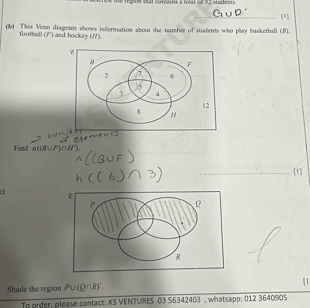 tbe the region that contains a total of 32 students. 
[1] 
(b) This Venn diagram shows information about the number of students who play basketball (B), 
football (F) and hockey (H). 
Find n((B∪ P )∩H), 
[1] 
c) 
Shade the region P∪ (Q∩ R)'. 
[1 
To order, please contact: KS VENTURES 03 56342403 , whatsapp: 012 3640905