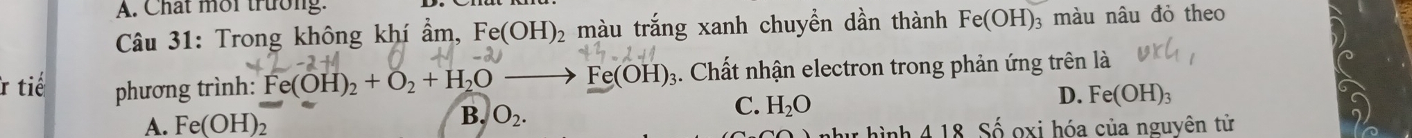 Chat moi trường:
Câu 31: Trong không khí ẩm, Fe(OH)_2 màu trắng xanh chuyền dần thành Fe(OH) : 3 màu nâu đỏ theo
r tiế phương trình: Fe(OH)_2+O_2+H_2Oto Fe(OH)_3 3. Chất nhận electron trong phản ứng trên là
D. Fe(OH)_3
B. O_2.
C. H_2O
A. Fe(OH)_2 Số oxi hóa của nguyên tử
418