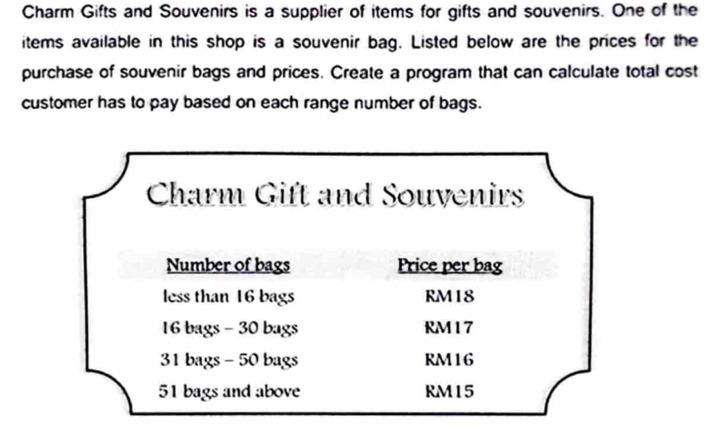 Charm Gifts and Souvenirs is a supplier of items for gifts and souvenirs. One of the 
items available in this shop is a souvenir bag. Listed below are the prices for the 
purchase of souvenir bags and prices. Create a program that can calculate total cost 
customer has to pay based on each range number of bags.