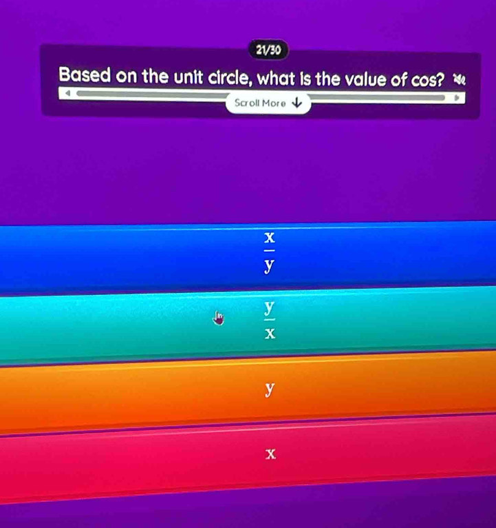 21/30
Based on the unit circle, what is the value of cos? 140
4
Scroll More
 x/y 
 y/x 
y
x