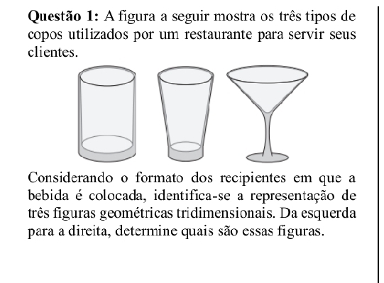 A figura a seguir mostra os três tipos de 
copos utilizados por um restaurante para servir seus 
clientes. 
Considerando o formato dos recipientes em que a 
bebida é colocada, identifica-se a representação de 
três figuras geométricas tridimensionais. Da esquerda 
para a direita, determine quais são essas figuras.