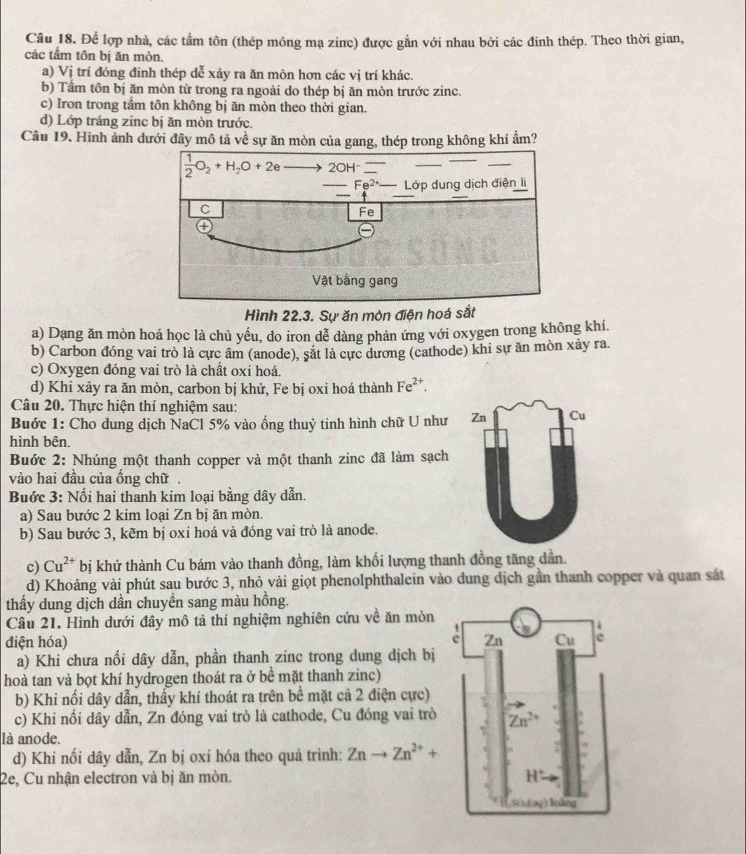 Cầu 18. Để lợp nhà, các tấm tôn (thép mỏng mạ zinc) được gắn với nhau bởi các đinh thép. Theo thời gian,
các tẩm tôn bị ăn mòn.
a) Vị trí đóng đinh thép dễ xảy ra ăn mòn hơn các vị trí khác.
b) Tấm tôn bị ăn mòn từ trong ra ngoài do thép bị ăn mòn trước zinc.
c) Iron trong tầm tôn không bị ăn mòn theo thời gian.
d) Lớp tráng zinc bị ăn mòn trước.
Câu 19. Hình ảnh dưới đây mô tả về sự ăn mòn của gang, thép trong không khí ẩm?
Hình 22.3. Sự ăn mòn điện hoá sắt
a) Dạng ăn mòn hoá học là chủ yếu, do iron dễ dàng phản ứng với oxygen trong không khí.
b) Carbon đóng vai trò là cực âm (anode), sắt là cực dương (cathode) khi sự ăn mòn xảy ra.
c) Oxygen đóng vai trò là chất oxi hoá.
d) Khi xảy ra ăn mòn, carbon bị khử, Fe bị oxi hoá thành Fe^(2+).
Câu 20. Thực hiện thí nghiệm sau:
Buớc 1: Cho dung dịch NaCl 5% vào ống thuỷ tinh hình chữ U như 
hình bên.
Buớc 2: Nhúng một thanh copper và một thanh zinc đã làm sạch
vào hai đầu của ống chữ .
Buớc 3: Nối hai thanh kim loại bằng dây dẫn.
a) Sau bước 2 kim loại Zn bị ăn mòn.
b) Sau bước 3, kẽm bị oxi hoá và đóng vai trò là anode.
c) Cu^(2+) bị khử thành Cu bám vào thanh đồng, làm khối lượng thanh đồng tăng dần.
d) Khoảng vài phút sau bước 3, nhỏ vài giọt phenolphthalein vào dung dịch gần thanh copper và quan sát
thấy dung dịch dần chuyển sang màu hồng.
Câu 21. Hình dưới đây mô tả thí nghiệm nghiên cứu về ăn mòn
điện hóa) 
a) Khi chưa nối dây dẫn, phần thanh zinc trong dung dịch bị
hoà tan và bọt khí hydrogen thoát ra ở bề mặt thanh zinc)
b) Khi nối dây dẫn, thấy khí thoát ra trên bề mặt cả 2 điện cực)
c) Khi nối dây dẫn, Zn đóng vai trò là cathode, Cu đóng vai trò
là anode.
d) Khi nối dây dẫn, Zn bị oxi hóa theo quá trình: Znto Zn^(2+)+
2e, Cu nhận electron và bị ăn mòn.