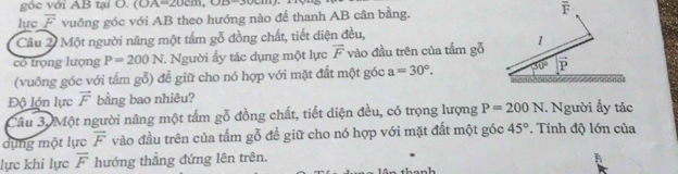 góc với AB tại O. (OA=20cm, OD
lực overline F vuông góc với AB theo hướng nào để thanh AB cân bằng. overline F
Cầu 20 Một người năng một tấm gỗ đồng chất, tiết diện đều, 
có trọng lượng P=200N :. Người ấy tác dụng một lực overline F vào đầu trên của tấm gỗ 1 
(vuông góc với tấm gỗ) để giữ cho nó hợp với mặt đất một góc a=30°. 30° vector P
Độ lớn lực vector F bằng bao nhiêu? . Người ấy tác 
Câu 3. Một người nâng một tấm gỗ đồng chất, tiết diện đều, có trọng lượng P=200N
dựng một lực overline F vào đầu trên của tấm gỗ đề giữ cho nó hợp với mặt đất một góc 45°. Tính độ lớn của 
lực khi lực overline F hướng thẳng đứng lên trên.