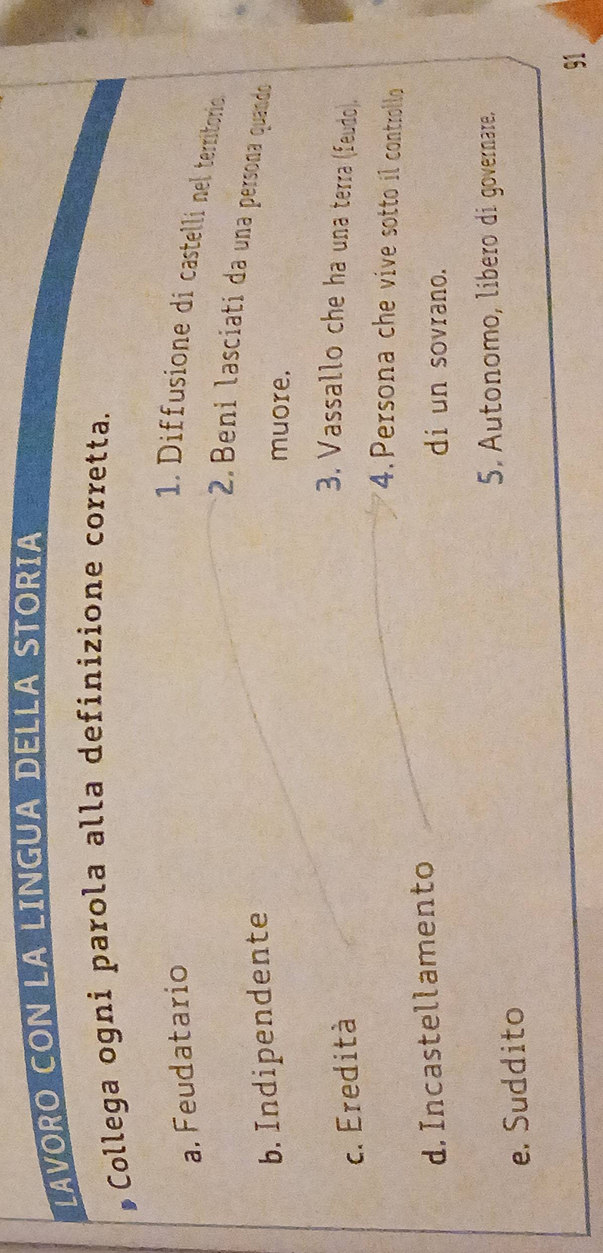 LAVORO CON LA LINGUA DELLA STORIA
Collega ogni parola alla definizione corretta.
a. Feudatario
1. Diffusione di castelli nel territorio.
2. Beni lasciati da una persona quando
b. Indipendente
muore.
c. Eredità
3. Vassallo che ha una terra (feudo).
4.Persona che vive sotto il controllo
d. Incastellamento
di un sovrano.
5. Autonomo, líbero di governare.
e. Suddito
S1