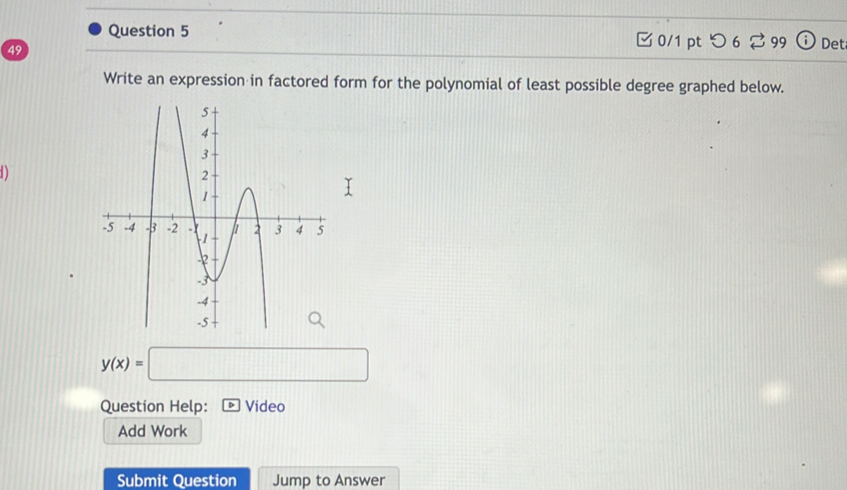 □0/1 ptつ 6 ⇄ 99 Det 
49 
Write an expression in factored form for the polynomial of least possible degree graphed below. 
D)
y(x)=□
Question Help: Video 
Add Work 
Submit Question Jump to Answer