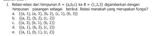 Relasi-relasi dari himpunan A= a,b,c ke B= 1,2,3 digambarkan dengan
himpunan pasangan sebagai berikut. Relasi manakah yang merupakan fungsi?
a.  (a,1),(a,3),(b,2),(c,1),(b,3)
b.  (a,2),(b,2),(c,2)
C.  (a,3),(b,1),(b,2)
d.  (a,1),(b,3),(c,2)
e.  (a,1),(b,1),(c,2)