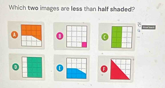 Which two images are less than half shaded? 
Visual Search 
A 
B 
C 
D 
E 
F