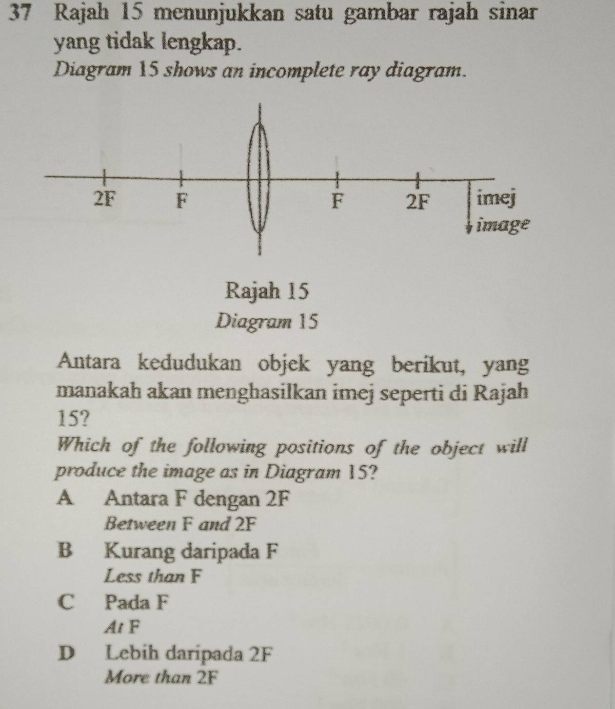 Rajah 15 menunjukkan satu gambar rajah sinar
yang tidak lengkap.
Diagram 15 shows an incomplete ray diagram.
Rajah 15
Diagram 15
Antara kedudukan objek yang berikut, yang
manakah akan menghasilkan imej seperti di Rajah
15?
Which of the following positions of the object will
produce the image as in Diagram 15?
A Antara F dengan 2F
Between F and 2F
B Kurang daripada F
Less than F
C Pada F
At F
D Lebih daripada 2F
More than 2F