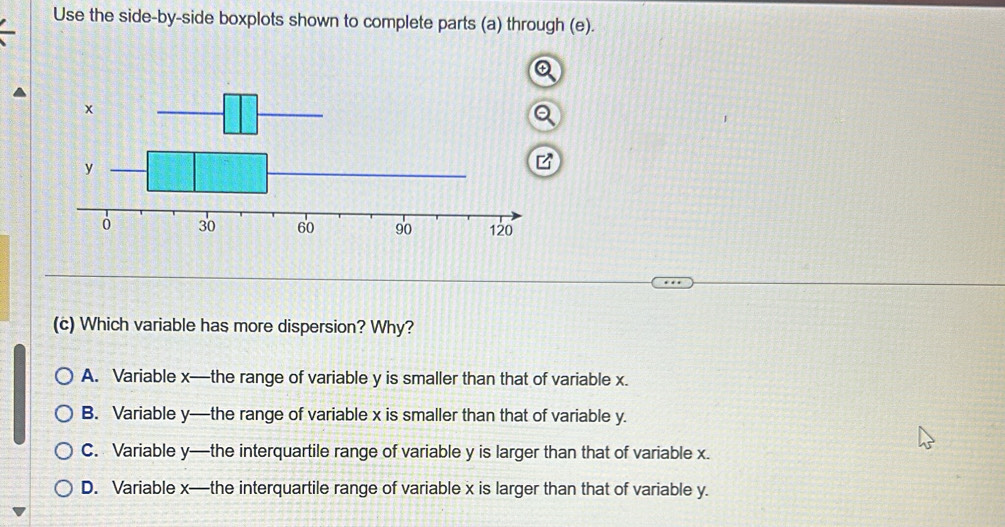 Use the side-by-side boxplots shown to complete parts (a) through (e).
(c) Which variable has more dispersion? Why?
A. Variable x —the range of variable y is smaller than that of variable x.
B. Variable y —the range of variable x is smaller than that of variable y.
C. Variable y —the interquartile range of variable y is larger than that of variable x.
D. Variable x —the interquartile range of variable x is larger than that of variable y.