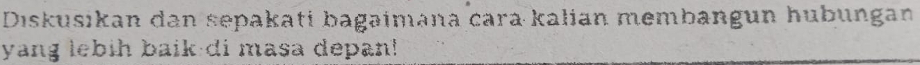 Diskusikan dan sepakati bagaimana cara kalian membangun hubungan 
yang lebih baik di masa depan!