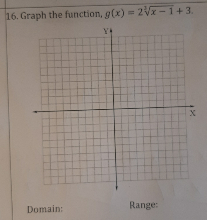 Graph the function, g(x)=2sqrt[3](x-1)+3. 
Domain: Range: