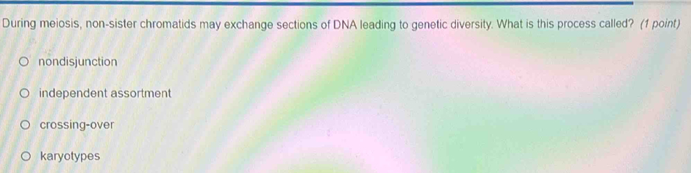 During meiosis, non-sister chromatids may exchange sections of DNA leading to genetic diversity. What is this process called? (1 point)
nondisjunction
independent assortment
crossing-over
karyotypes