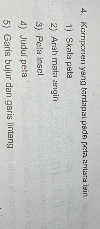 Komponen yang terdapat pada peta antara lain 
1) Skala peta 
2) Arah mata angin 
3) Peta inset 
4) Judul peta 
5) Garis bujur dan garis lintang