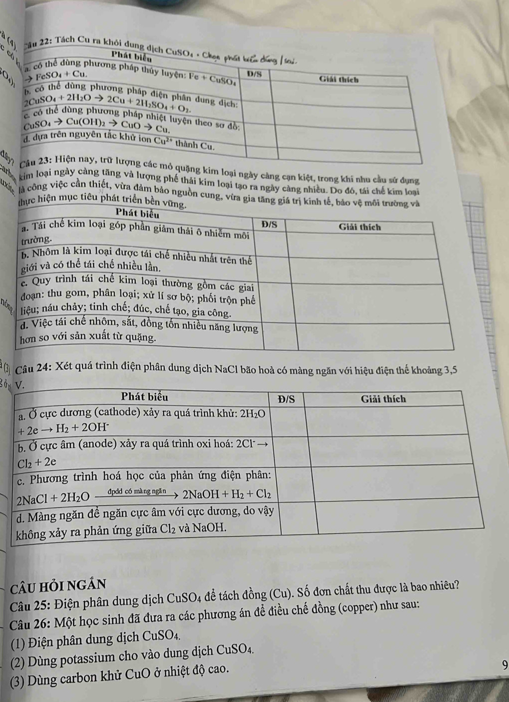 Tách Cu 
C 
đâ
g kim loại ngày càng cạn kiệt, trong khi nhu cầu sử dụng
arbe kim loại ngày càng tăng và lượng phế thải kim loại tạo ra ngày càng nhiều. Do đó, tái chế kim loại
B  là công việc cần thiết, vừa đảm bảo nguồn cung, vừa gia 
hiện mục tiêu phát triể

* ộ Câu 24: Xét quá trình điện phân dung dịch NaCl bão hoà có màng ngăn với hiệu điện thế khoảng 3,5
B0p
câu hỏi ngán
Câu 25: Điện phân dung dịch CuSO_4 để tách đồng (Cu). Số đơn chất thu được là bao nhiêu?
Câu 26: Một học sinh đã đưa ra các phương án để điều chế đồng (copper) như sau:
(1) Điện phân dung dịch CuSO4.
(2) Dùng potassium cho vào dung dịch CuSO_4.
(3) Dùng carbon khử CuO ở nhiệt độ cao.
9