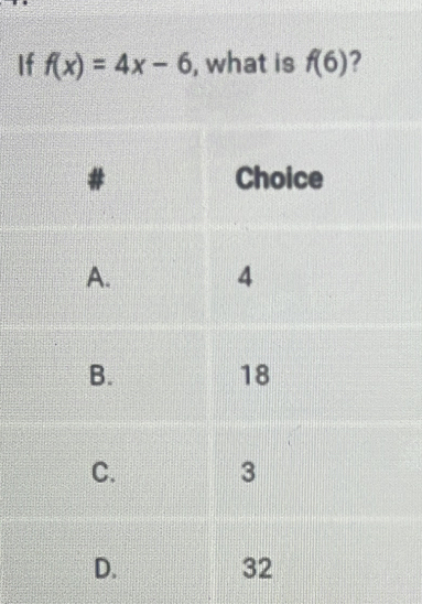 If f(x)=4x-6 , what is f(6) ?