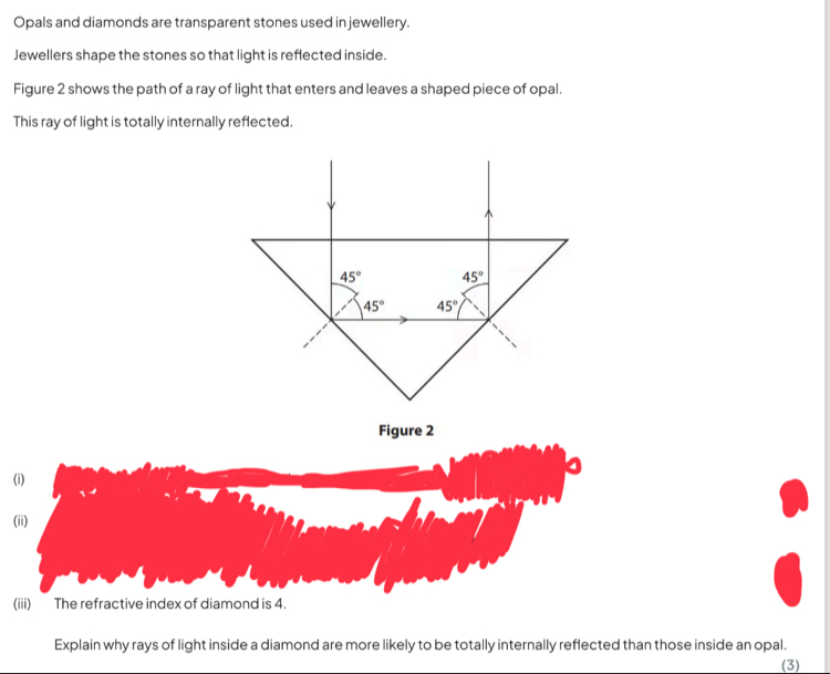 Opals and diamonds are transparent stones used in jewellery.
Jewellers shape the stones so that light is reflected inside.
Figure 2 shows the path of a ray of light that enters and leaves a shaped piece of opal.
This ray of light is totally internally reflected.
Figure 2
(i)
(ii)
(iii) The refractive index of diamond is 4.
Explain why rays of light inside a diamond are more likely to be totally internally reflected than those inside an opal.
(3)