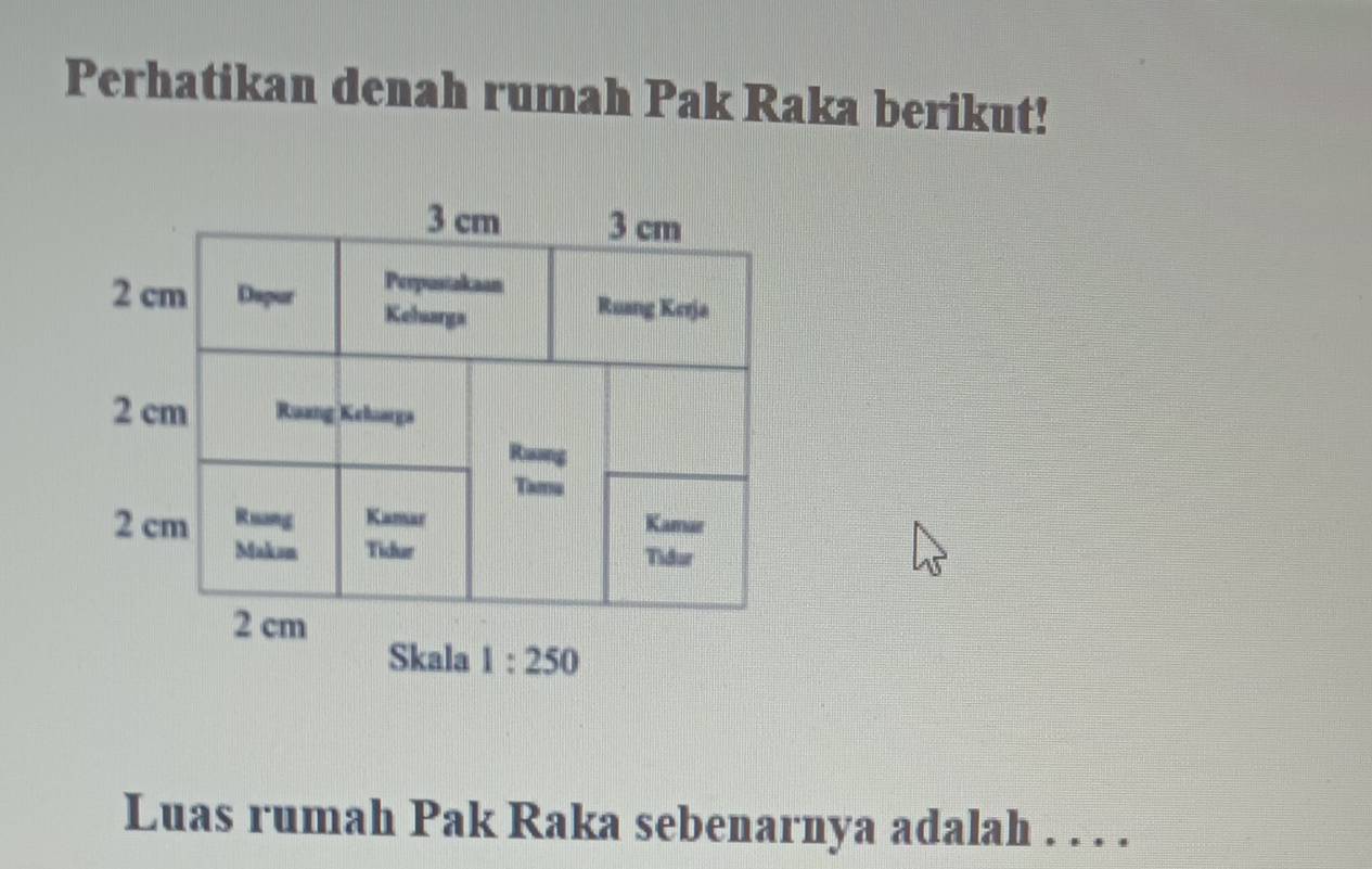 Perhatikan denah rumah Pak Raka berikut!
3 cm 3 cm
Perpustakaan
2 cm Dapur Kehsargs Ruang Kerja
2 cm Ruang Keluarga 
Raing 
Tamu
2 cm Reang Kamar Kamar 
Makan Tidur Tidur
2 cm
Skala 1:250
Luas rumah Pak Raka sebenarnya adalah . . . .