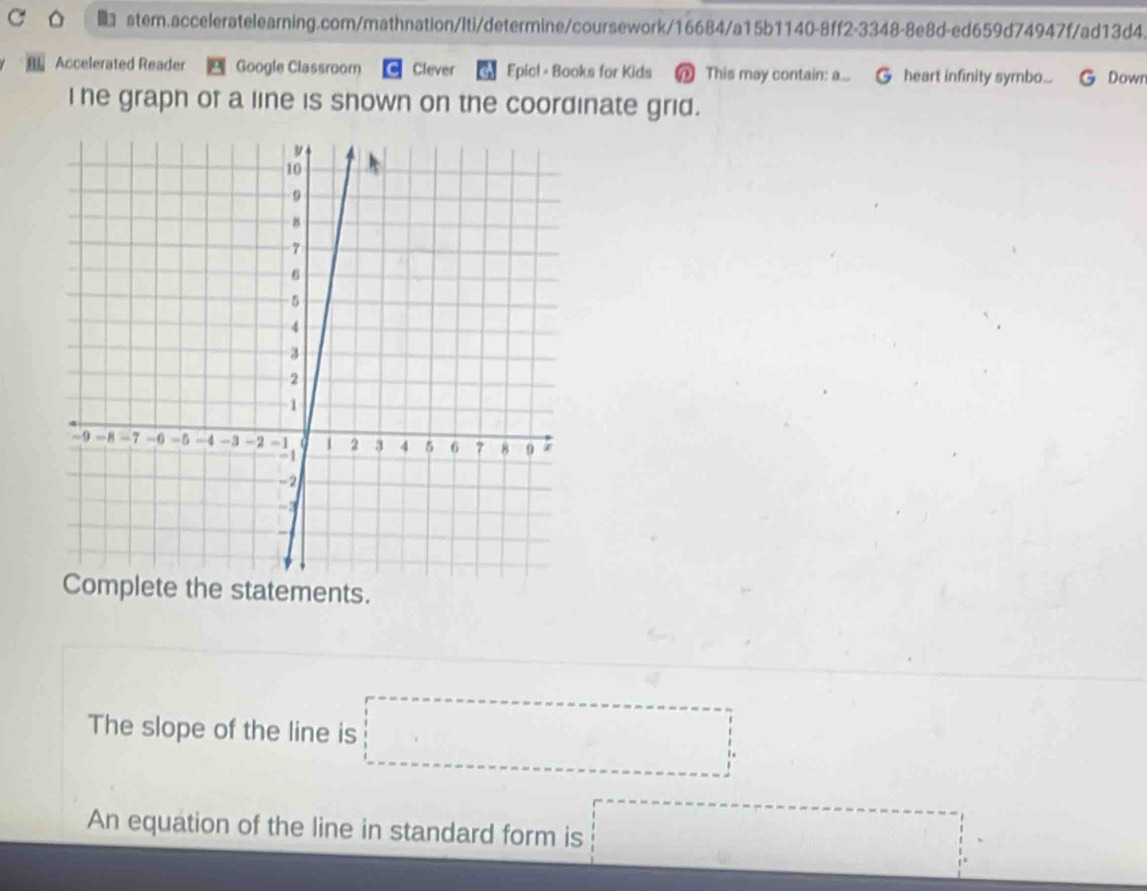 stem.acceleratelearning.com/mathnation/Iti/determine/coursework/16684/a15b1140-8ff2-3348-8e8d-ed659d74947f/ad13d4. 
Accelerated Reader Google Classroom Clever a Epic! - Books for Kids This may contain: a... G heart infinity symbo... G Down 
I he graph of a line is shown on the coordinate grid. 
Complete the statements. 
The slope of the line is □ 
An equation of the line in standard form is ∠ _ 