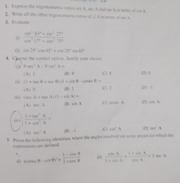 Solved: Express the trigonometric ratios sin A, sec A and tan A in ...
