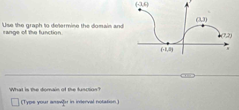 (-3,6)
a
Use the graph to determine the domain and
range of the function.
What is the domain of the function?
(Type your answar in interval notation.)