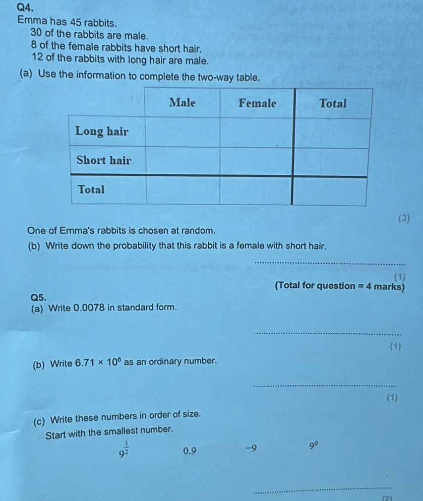 Emma has 45 rabbits.
30 of the rabbits are male.
8 of the female rabbits have short hair.
12 of the rabbits with long hair are male. 
(a) Use the information to complete the two-way table. 
(3) 
One of Emma's rabbits is chosen at random. 
(b) Write down the probability that this rabbit is a female with short hair. 
_ 
(1) 
(Total for question =4 marks) 
Q5. 
(a) Write 0.0078 in standard form. 
_ 
(1) 
(b) Write 6.71* 10^6 as an ordinary number. 
_ 
(1) 
(c) Write these numbers in order of size. 
Start with the smallest number.
9^(frac 1)2 0.9 -9 9^0
_ 
(2)