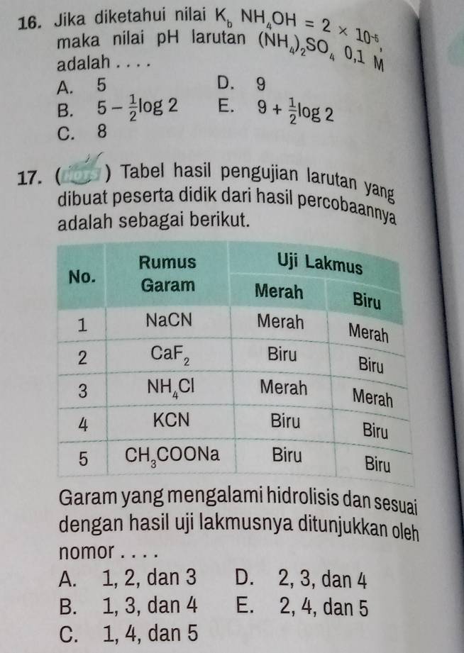 Jika diketahui nilai K_bNH_4OH=2* 10^(-5)
maka nilai pH larutan (NH_4)_2SO_4O,1M
adalah . . . .
A. 5 D. 9
B. 5- 1/2 I og. I E. 9+ 1/2 log 2
C. 8
17. ( ) Tabel hasil pengujian larutan yang
dibuat peserta didik dari hasil percobaannya
adalah sebagai berikut.
Garam yang mengalami hidrolisis dan sesuai
dengan hasil uji lakmusnya ditunjukkan oleh
nomor . . . .
A. 1, 2, dan 3 D. 2, 3, dan 4
B. 1, 3, dan 4 E. 2, 4, dan 5
C. 1, 4, dan 5