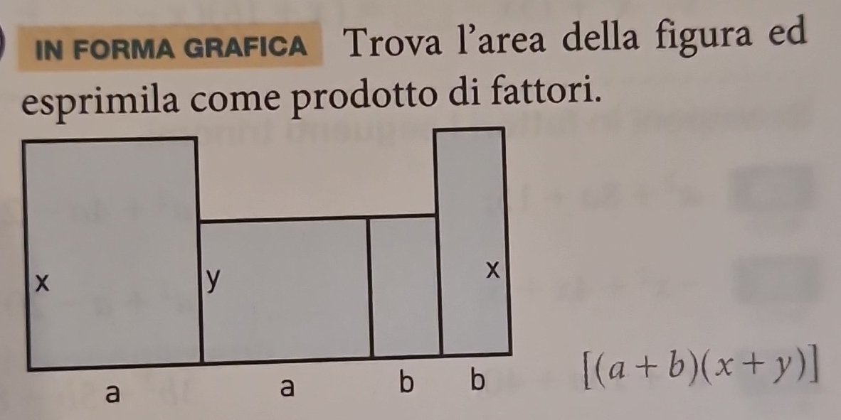 IN FORMA GRAFICA Trova l’area della figura ed 
esprimila come prodotto di fattori.
[(a+b)(x+y)]