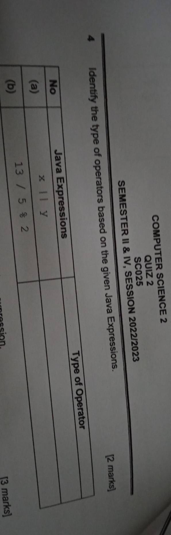 COMPUTER SCIENCE 2 
QUIZ 2 
SC025 
SEMESTER II & IV, SESSION 2022/2023 
ators based on the given Java Expressions. 
[2 marks] 
ression. 
[