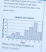 say is growing 8 plants for science class. 
He measured the height of each plant 
after 14 days and recorded the dats in the 
graph below. 
is the range heights of 
Brady's plants?