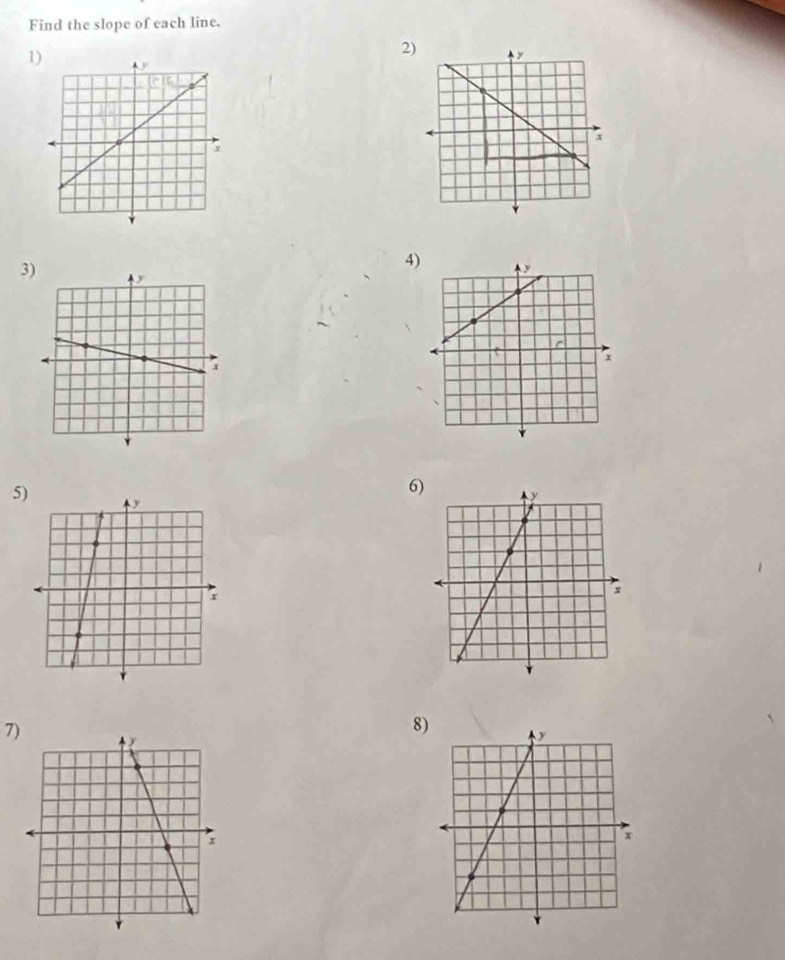 Find the slope of each line. 
1 
4) 
3 
6 
5) 
7) 
8